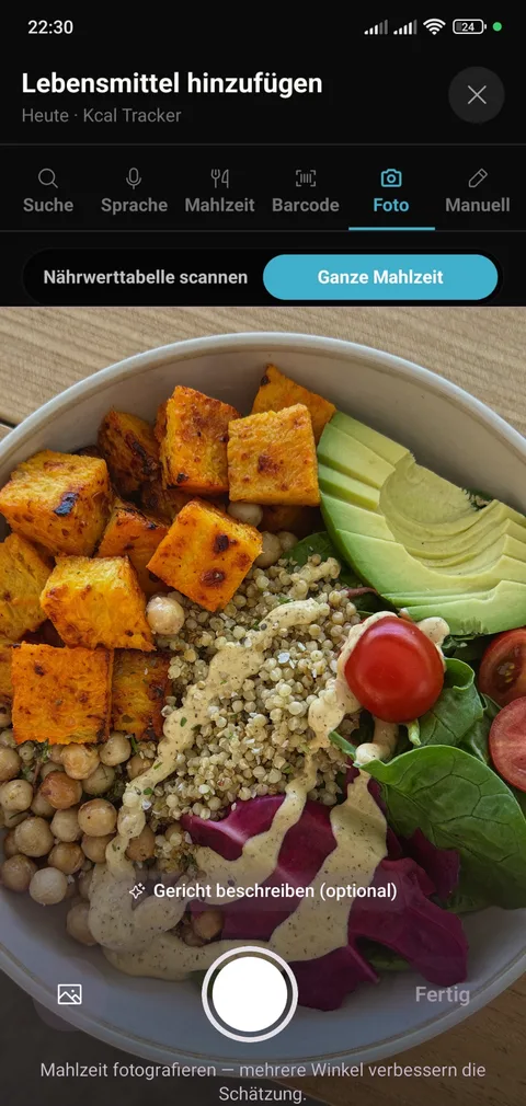 PulsQue-App: eine Mahlzeit per Foto erfassen — eine bunte gesunde Bowl im Kamerabild.
