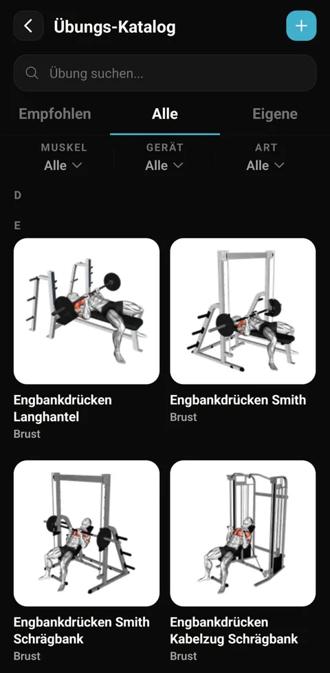 PulsQue-App: Übungs-Katalog mit Übungsdarstellungen und Filtern für Muskel, Gerät und Art.