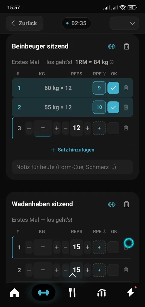 PulsQue-App: Live-Workout-Session mit Satz-Logging (60 kg × 12, RPE), Rest-Timer und Vorwerten.